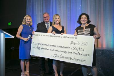 (L-R) Eyewitness News Reporter Brianna Strunk, Monroe County Habitat for Humanity Board President Gary Samboy, Monroe County Habitat for Humanity Executive Director Kelly Kemmerer, and Sanofi Pasteur Director of North American Corporate Responsibility Ellyn Schindler take the stage at the 2017 Pocono Mountains Community Fundraiser. Habitat for Humanity was one of five local non-profit recipients to receive funding from Sanofi Pasteur’s signature local Corporate Social Responsibility event.