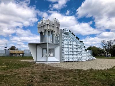 Bio-Informatic Digester is one of six art installations from “A New View Camden” designed to raise awareness for unlawful bulk waste in Camden, NJ. Designed by Terreform ONE, the exhibition is a living machine that uses mealworms (Tenebrio molitor) to eat Styrofoam (polystyrene) packaging.
