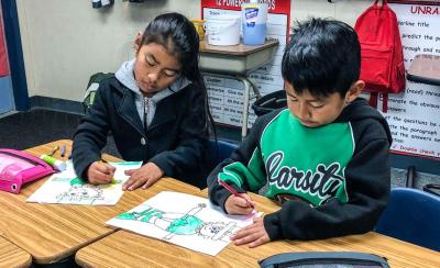 Alvin Avenue Elementary School second-graders Ana and Brian enjoy drawing in teacher Kristina Velasquez’s class. Credit: Courtesy of Alvin Avenue Elementary School