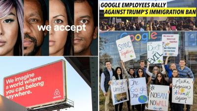 Airbnb’s mission imagines a world where people can belong anywhere, using house sharing as a means to build understanding and move us towards a society that is welcoming to people of all races, colors and beliefs. Google, who relies on many immigrant employees among its workforce, rallied at Google’s mountain view headquarters in reaction against Trump’s immigration ban.