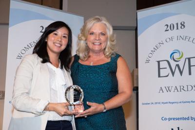 Pictured: Leslie Burns (on the left), principal and EWF Champion at Booz Allen, accepting EWF’s award on behalf of the firm.