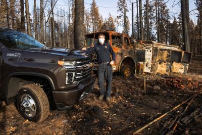 The California Fire Foundation and General Motors deliver a Chevrolet Silverado 3500 High Country truck to the Pine Ridge Volunteer Fire Department Tuesday, December 15, 2020 in Shaver Lake, California. Ten new Chevrolet trucks and SUVs will be delivered to fire departments in need after battling catastrophic wildfires during California’s worst fire season in history. (Photo by Dan MacMedan for General Motors)