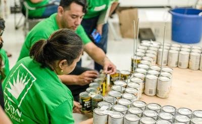 Canstruction rules allowed SCE volunteers to use cellophane tape to secure cans on the back of their electric bucket truck.