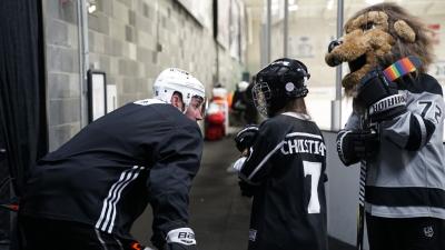 LA Kings’ Alec Martinez wishes “Wish Kid” Christiann Villa a happy birthday following a team practice at Toyota Sports Performance Center in El Segundo, Calif. on September 9, 2019 as part of her birthday party hosted in conjunction with the Make-A-Wish Foundation.