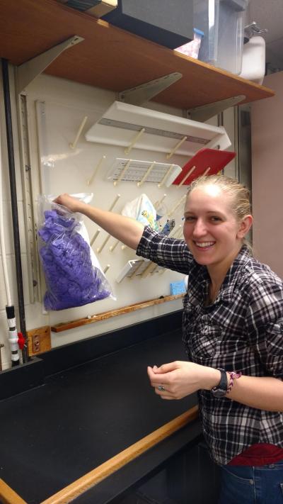 Christina Hernandez, a graduate student in MIT and Woods Hole Oceanographic Institution’s joint program in oceanography, helps to ensure that used nitrile gloves are recycled as part of The RightCycle Program.