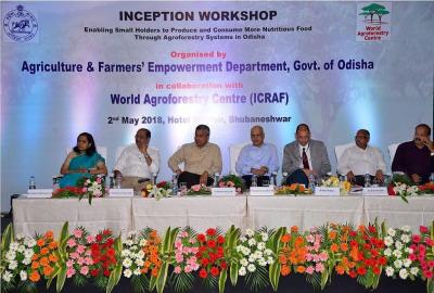 Left to right: Ms. Sujata R Kartikeyan, Commissioner/Director, Watershed Mission, Department of Agriculture and Farmers Empowerment, Government of Odisha; Sachin Ramchandra Jadhav, Labour Commissioner; Saurabh Garg, Principal Secretary, Department of Agriculture and Farmers Empowerment; Gagan Kumar Dhal, Agricultural Production Commissioner, Government of Odisha; Ravi Prabhu, Deputy Director-General Research, ICRAF; MM Hossain, Dean, College of Forestry, Odisha University of Agriculture and Technology, Bhubaneshwar; and HK Panda, Director (Technical), Watersheds. Photo: World Agroforestry Centre