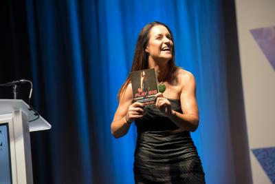 Dr. Jen Welter, first female coach in NFL history, gives a keynote address during the 11th annual Women’s Leadership Conference at the MGM Grand Conference Center Tuesday, Aug. 8, 2017.