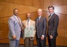 On Aug. 29, the University of Florida was honored with the Energy Efficiency Leader Award from Trane in recognition of the school’s commitment to providing a healthy, productive learning environment with minimal impact on the environment. Shown here (from left) are University leaders, including Curtis Reynolds, vice president for Business Affairs and Eddie Daniels, assistant vice president for Business Services and Trane leaders, Felix Wilson, vice president, Commercial HVAC NA & EMEA, and Steve Corson, Complex Systems account manager.