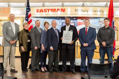 From left: Jerry Bush, Northeast Tennessee ESGR Committee Vice Chair; Etta Clark, Eastman Vice President of Global Public Affairs & Policy; Todd Akard, Eastman Recruiter; CeeGee McCord, Eastman Director Global Public & Community Affairs; Retired Air Force Brig. Gen. Jim Mungenast, ESGR State Chair; Perry Stuckey, Senior Vice President and Chief Human Resources Officer; Brandon Horne, Eastman Operator & EVETS Resource Group lead; Alex Green, Eastman Operator Apprentice