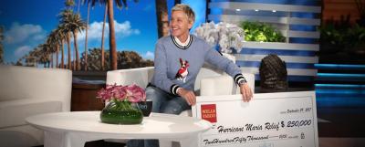 Ellen DeGeneres with Wells Fargo's check for Puerto Rico relief efforts on the Sept. 29 episode of her show.