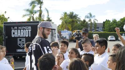 LA Kings forward Kyle Clifford greets students at St. Anthony for the launch of G.O.A.L.S., a digital platform that helps equip children in Los Angeles with resources to be eco-friendly, inclusive, healthy, socially responsible and knowledgeable on November 8, 2017.
