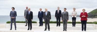 Leaders of the G7 pose for a group photo on overlooking the beach at the Carbis Bay Hotel in Carbis Bay, St. Ives, Cornwall, England, Friday, June 11, 2021. Patrick Semansky/Pool/AP
