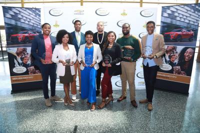 Chevrolet awarded six aspiring journalists with $10,000 scholarships and certificates of completion at General Motors World Headquarters. The 2019 DTU fellows included: (left to right): Emani Nichols (Morehouse College), Tyla Barnes (Hampton University), Miana Massey (Howard University), Sharon Joy Washington (Florida A&M), Tedarius Abrams (Bethune-Cookman University) and Elae Hill (North Carolina A&T) pictured alongside the DTU Advisor Fonzworth Bentley and Ambassador DJ Envy. In partnership with the National Newspapers Publishers Association, these fellows embarked on an 8-week road trip to discover and share positive stories within African American communities.