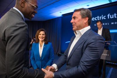 GM President Mark Reuss (right) greets Michigan Lt. Gov. Garlin Gilchrist and Gov. Gretchen Whitmer Jan. 27, 2020, at the GM Detroit- Hamtramck Assembly Plant where he announced a $2.2 billion investment at the plant to produce a variety of all-electric trucks and SUVs. GM’s first all-electric truck will be a pickup with production scheduled to begin in late 2021. The Cruise Origin, a shared, electric, self-driving vehicle unveiled by Cruise in San Francisco will soon follow. Detroit-Hamtramck will be GM’s first fully-dedicated EV assembly plant. (J. Sauger for GM)
