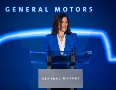 Michigan Gov. Gretchen Whitmer addresses the gathering Jan. 27, 2020, at the GM Detroit-Hamtramck Assembly Plant where GM announced a $2.2 billion investment at the plant to produce a variety of all-electric trucks and SUVs. GM’s first all-electric truck will be a pickup with production scheduled to begin in late 2021. Detroit-Hamtramck will be GM’s first fully-dedicated EV assembly plant. (J. Sauger for GM)