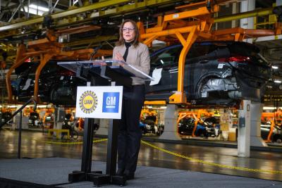 Chairman and CEO Mary Barra announces GM is investing $300 million in its Orion Township, MI, assembly plant to produce a new Chevrolet EV that will bring 400 new jobs to the plant. The company's commitment to invest a total of $1.8 billion in its U.S. manufacturing operations, creating 700 new jobs and supporting 28,000 jobs across six states. (Steve Fecht for General Motors)
