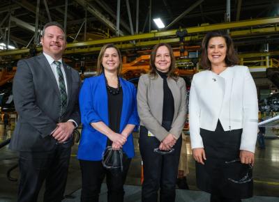 Orion Township Supervisor Chris Barnett, U.S. Rep. Elissa Slotkin (D-MI 8th District), GM Chairman and CEO Mary Barra and MI Governor Gretchen Whitmer, after it was announced GM is investing $300 million in its Orion Township, MI, assembly plant to produce a new Chevrolet EV that will bring 400 new jobs to the plant. The company's commitment to invest a total of $1.8 billion in its U.S. manufacturing operations, creating 700 new jobs and supporting 28,000 jobs across six states. (Steve Fecht for General Motors)