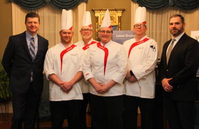 Left to Right: Cal Thetford, COO of Sodexo Universities East; Brian Beaupain, Chef at Thomas College; Doug Winslow, Chef at the University of Maine at Farmington; Wendy Benney, Maine area Executive Chef; Jason Grant, Chef at the University of Southern Maine; Phil Harty, Senior Vice President of Universities Region One.