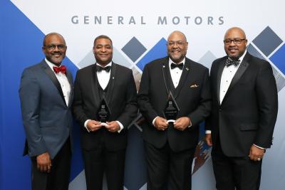 Gerald Johnson, executive VP, Global Manufacturing; Marcos Purty, executive director, Global Manufacturing Strategy & Planning, 2020 BEYA Career Achievement Award Recipient; Eric Fonville, VDDV development engineer, Propulsion Structures, Sealing & Fastening, 2020 BEYA Research Leadership Award Recipient; David Albritton, president and general manager of GM Defense LLC. Photo: T. Powell