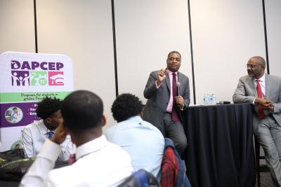 Gerald Johnson, executive VP, Global Manufacturing and Marcos Purty, executive director, Global Manufacturing Strategy & Planning conducted a fireside chat with nearly 100 DAPCEP students interested in STEM careers. Photo: T. Powell