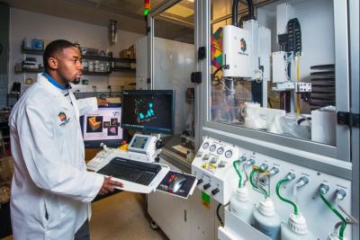 (Image: Black Americans hold only 7 percent of tech industry jobs, like this role as a materials scientist working with 3D printing. Could HBCUs and tech leaders come together to bring more people of all backgrounds into the industry?)