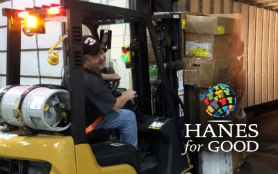 The first of many boxes containing more than 1 million pieces of HanesBrands’ donated underwear, intimate apparel, socks, T-shirts and fleece are loaded for delivery to Texas and Gulf Coast residents impacted by Hurricane Harvey.