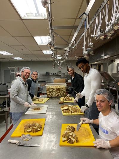 AEG’s STAPLES Center’s Premium Seating employees prepare and serve breakfast to 1,200 homeless community members at Union Rescue Mission in Los Angeles on Friday, Nov. 22, 2019.