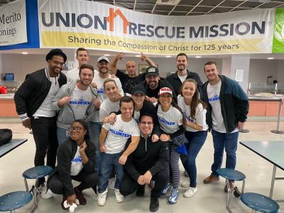 AEG’s STAPLES Center’s Premium Seating employees prepare and serve breakfast to 1,200 homeless community members at Union Rescue Mission in Los Angeles on Friday, Nov. 22, 2019.