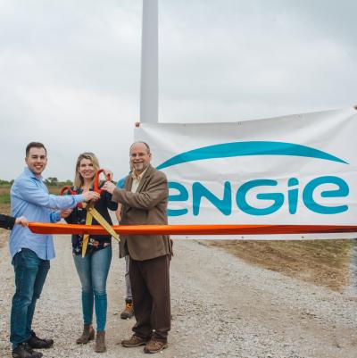 David Ocamb, director of global environmental programs for Ingersoll Rand (right), with Mike Mattera, senior program manager for Akamai Technologies, and Emily Cohen, vice president of commercial strategy for U.S. wind development at ENGIE North America, at the Seymour Hills Wind Farm ribbon cutting.
