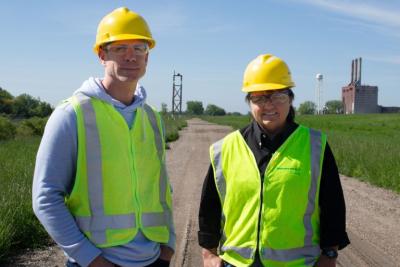 Decommissioning manager Jeff Battaglia and Jenny Crawford, principle environmental planner, helped lead construction of a nesting tower (center) for peregrine falcons near the site of the retired Whiting Plant.