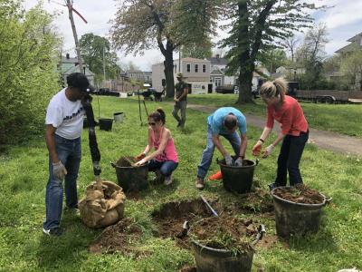 KFC Yum! Center employees in in Louisville, Ky. spend Earth Day planting trees with Olmsted Parks Conservancy and Metro Louisville on April 22, 2019.
