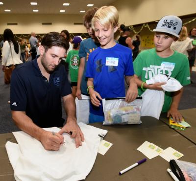 LA Kings Defensemen Derek Forbort visits students and signs autographs at Hermosa Valley School in Hermosa Beach, Calif. following the partnership announcement between the LA Kings and Sandy Hook Promise for violence prevention in schools on September 24, 2019.