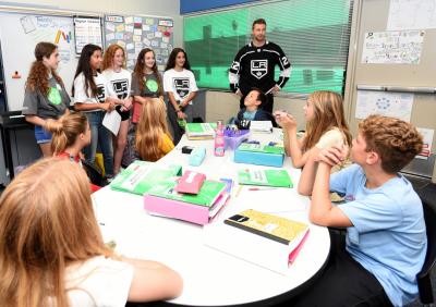 LA Kings’ Jeff Carter visits students at Hermosa Valley School in Hermosa Beach, Calif. to speak to the importance of kindness following the partnership announcement between the LA Kings and Sandy Hook Promise for violence prevention in schools on September 24, 2019.