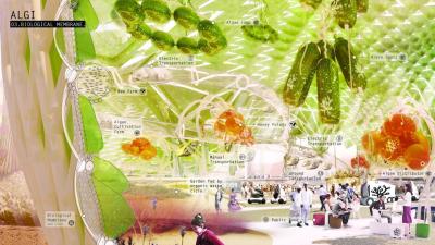 A biological membrane of algae and water protects contest finalist Algi City, a collective community based on the closed-loop use of resources.