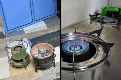 At left, a low capacity, single burner meko stove and charcoal jiko. Families pay up to 76% more for charcoal than they would for LPG because of the economic convenience of daily purchases. At right, a two-burner LPG stove and SmartGas tank and valve with mobile and IoT technology that makes LPG as affordable.