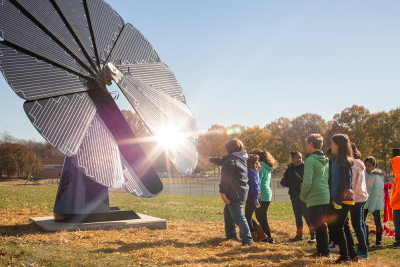 As part of Mohawk Group’s “handprinting” strategy for some of its Living Products, the flooring manufacturer engaged in a partnership with Groundswell that will ultimately donate 10 Smartflower solar energy units to underserved communities and schools with STEM programs. Photo: Mohawk Group