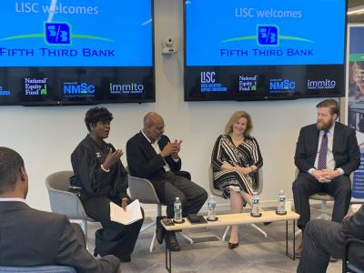 Byna Elliott, chief enterprise responsibility officer, Fifth Third Bank; Maurice A. Jones, LISC president and CEO; Catherine Cawthon, Fifth Third CDC president; and Jesse Van Tol, CEO National Community Reinvestment Coalition discuss Fifth Third's $100M investment in projects that support community development through four Opportunity Zone fund partners.