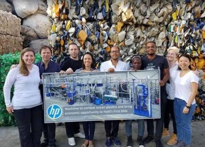 HP is expanding its ocean-bound plastic supply chain with a $2M investment in a new plastic bottle washing line that will create more than 1,00 new income opportunities in Haiti. Pictured here with our partners, from left to right: Ellen Jackowski, Global Head of HP Sustainability Strategy and Innovation, HP; Jean Luc Lavergne, Founder and CEO, Lavergne Group; Donald Vigneault, Leader of Supply and Technology, Lavergne Group; Caroline Boulos, Co-Founder and CFO, ECSSA; Edouard Carrie, Co-Founder and CEO, ECSSA; Rosette Altidor, Recycling Collection Center Owner; Richardson Antoine, Haiti Country Manager, Thread International; Kelsey Halling, Director of Partnerships, Thread International; Vivien Luk, Executive Director, Work