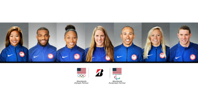 Team Bridgestone Athlete Ambassadors (from left to right): Scout Bassett, Jordan Burroughs, Allyson Felix, Missy Franklin, Will Groulx, Jessica Long, and Ryan Murphy
