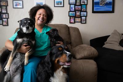 Bridgett Jeffries, owner of Café Wakefern,at her home-based dog daycare and boarding business in Columbus, Ohio.