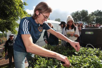 LA Galaxy staff show students from Dolores Street Elementary how to harvest mint during a Protect the Pitch Field Trip at Dignity Health Sports Park on Thursday, December 5, 2019.