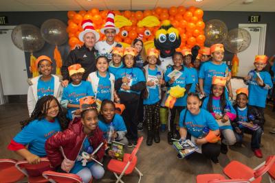 AEG’s LA Galaxy Assistant Coach Dominic Kinnear and LA Galaxy II player Ethan Zubak welcome more than 200 elementary students to Dignity Health Sports Park for a Read Across America Celebration in honor of Dr. Seuss on February 28, 2019.