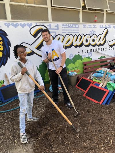 LA Galaxy staff team up with students at Leapwood Avenue Elementary School to celebrate Earth Month by rebuilding the school’s garden on April 11, 2019.