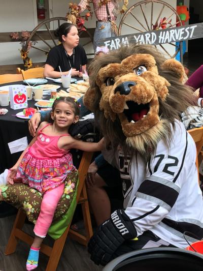 LA Kings mascot Bailey meets with guests at the LA Kings Halloween Party at the Los Angeles Ronald McDonald House on Tuesday, October 30, 2018.