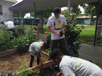 LA Galaxy staff team up with students at Leapwood Avenue Elementary School to celebrate Earth Month by rebuilding the school’s garden on April 11, 2019.