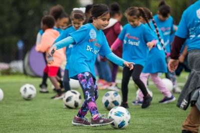 In addition to reading Dr. Seuss stories, students participate in a soccer clinic during the LA Galaxy’s Read Across America Celebration at Dignity Health Sports Park on February 28, 2019.