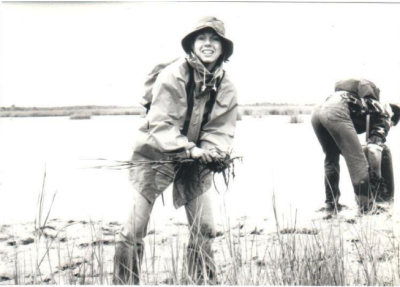 A Volunteer plants smooth cordgrass at one of Galveston Bay Foundation's first community-based restoration events in the early 90s.
