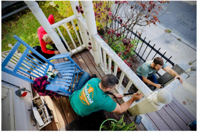 Timberland volunteers prepare to paint a porch for a family shelter as part of the brand’s 22nd annual Serv-a-palooza global day of service. Volunteers served at nine different project sites in Lawrence, MA to live the brand’s purpose to inspire and equip the world to step outside, work together and make it better.
