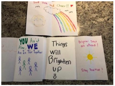 Messages of hope in cards made by Timberland employees and their children to brighten the days of local seniors who cannot receive visitors. Timberland initiated a “Serve Safely from Home” campaign to encourage employees to use paid community service hours to make cards and masks to support the local response to COVID-19.