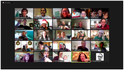 Timberland employees gathered online to celebrate the holidays and create motivational e-cards to support homeschooled children as part of a year-end virtual volunteering effort.